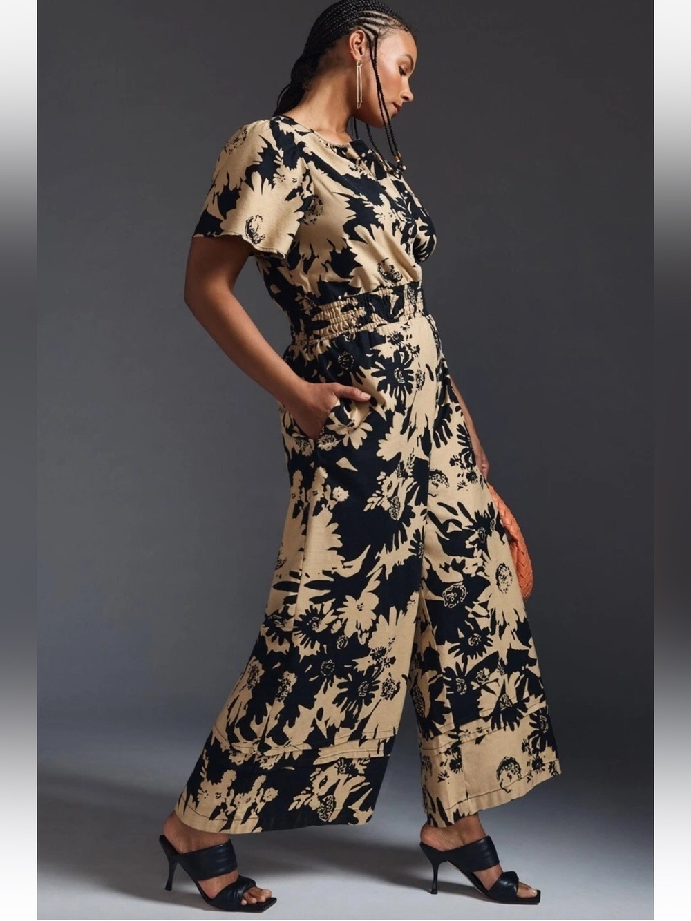 Anthropologie Somerset Black Light Sand  Floral Wide-Leg Jumpsuit Size Large